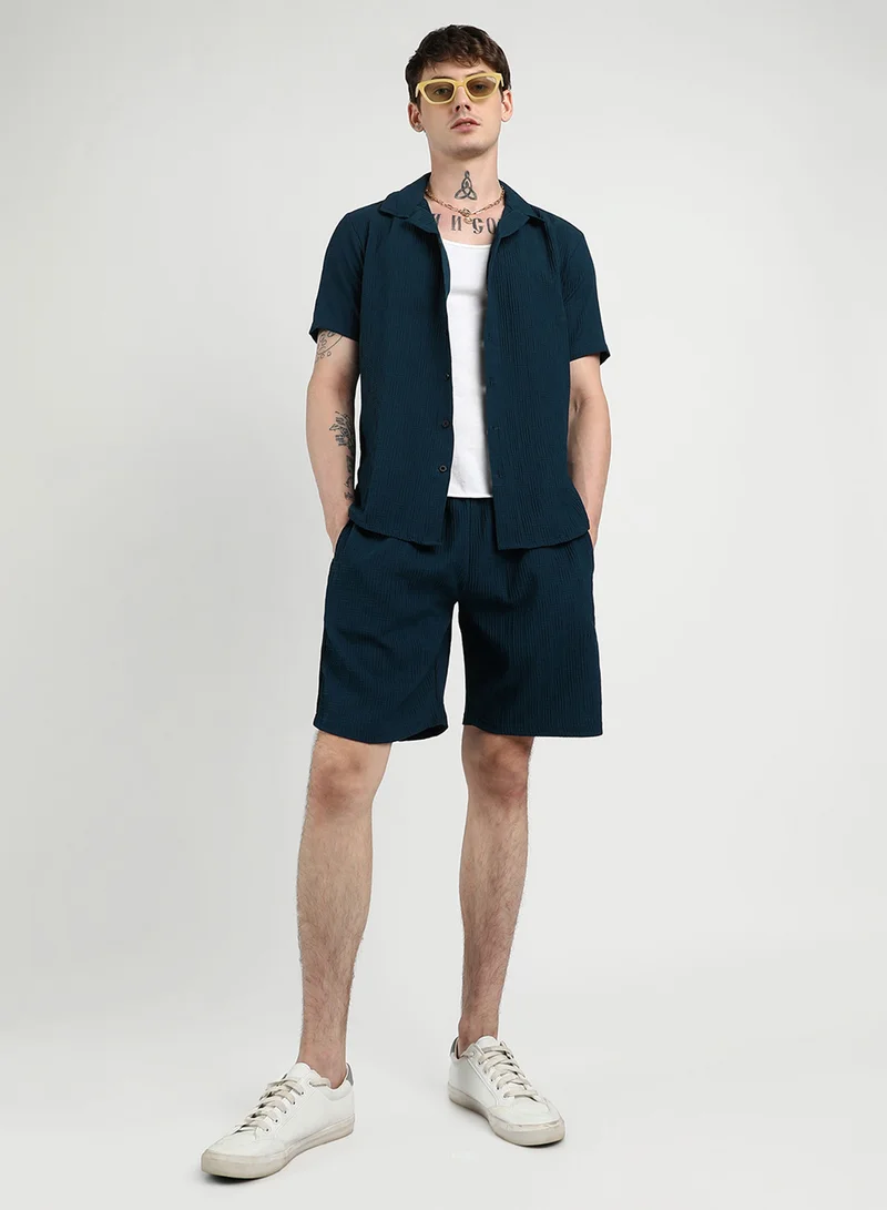 Campus Sutra  Men's Navy Blue Textured Interwine Co-Ord Set For Casual Wear | Cuban Collar | Short Sleeve | Button Closure | Co-Ords Crafted With Comfort Fit For Everyday Wear for Men | Best Price UAE